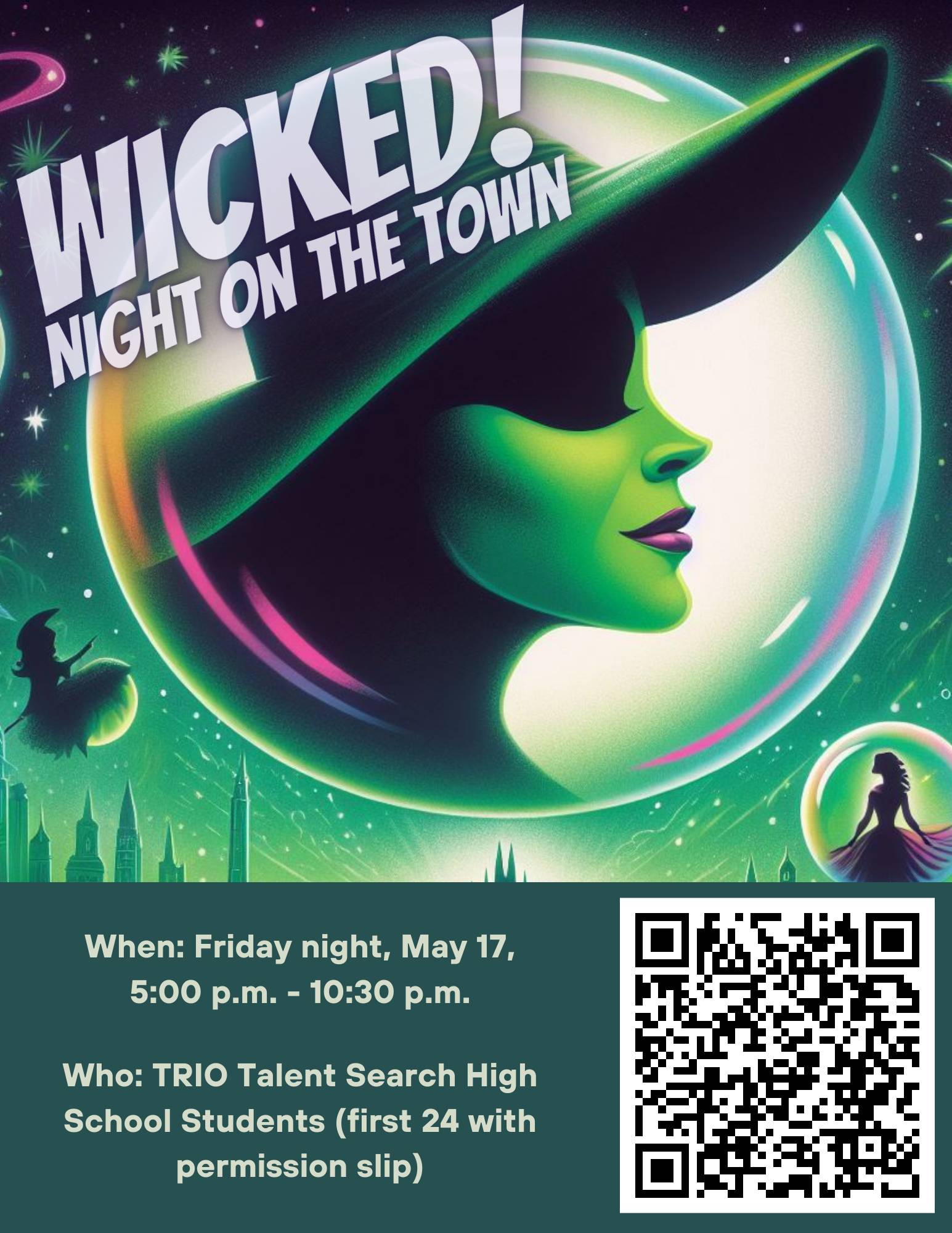 TRIO ETS Night on the Town flyer, featuring the witch from the Broadway show "Wicked"